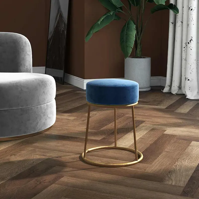 taburet rotund, albastru, catifea