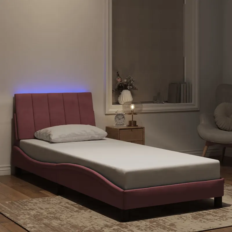 cadru de pat cu lumini led, roz, 90x190 cm, catifea