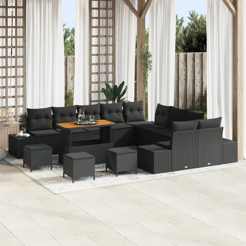 Set canapea de gradina cu 14 piese si perne negru poliratan acacia, canapea de gradina cu 2 locuri si perne negru poliratan, set de dining de gradina cu 4 piese si perne negru poliratan acacia