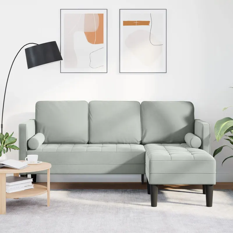 canapea 3 locuri cu chaise longue in forma de l gri deschis 160 cm din catifea