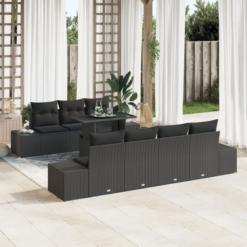 set canapea de gradina cu 8 piese si perne negru ratan poli