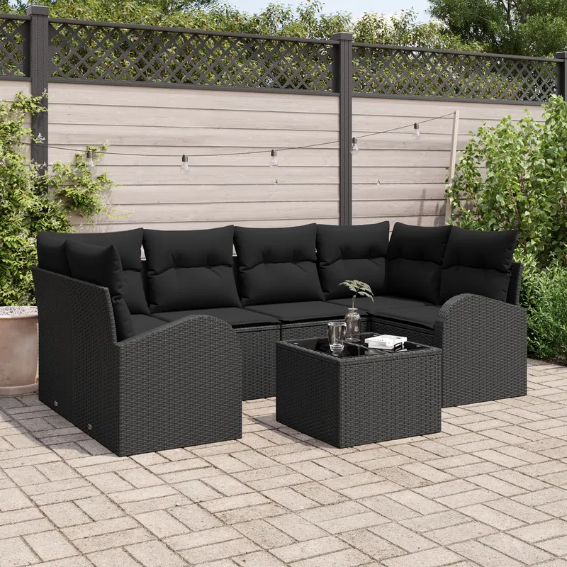 Set de canapele de gradina cu perne poli ratan negru, canapea de gradina cu doua locuri cu depozitare si perne poli ratan negru