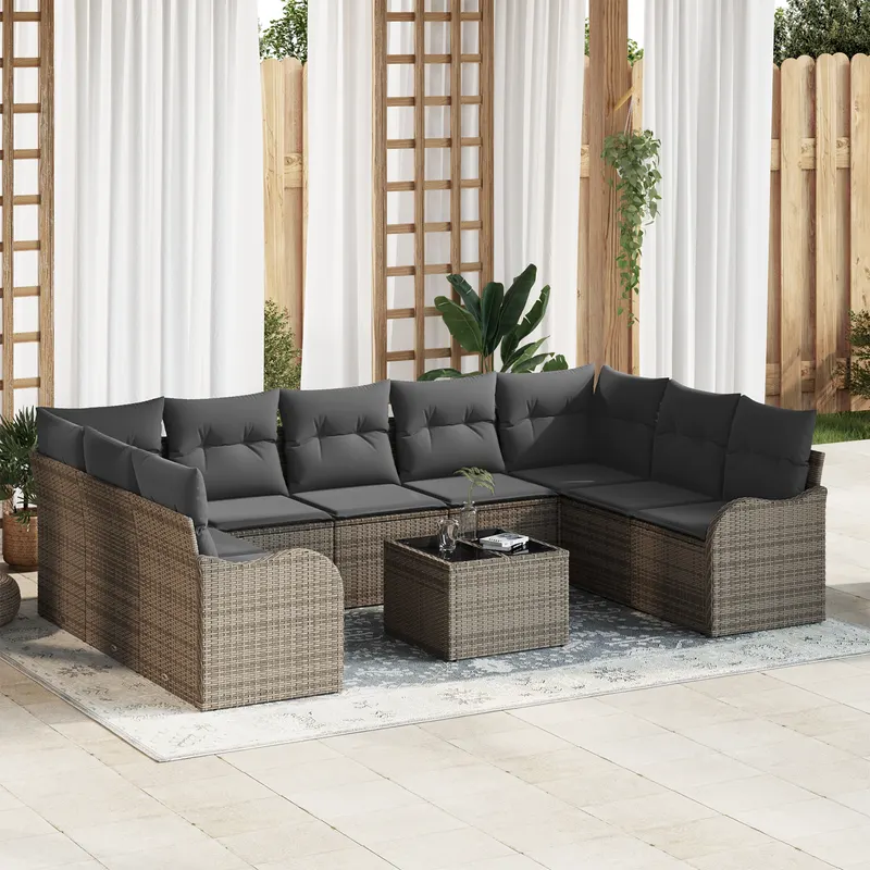 Set canapea gradina 9 piese cu perne ratan polimer negru, set canapea gradina 2 locuri cu depozitare & perne ratan polimer gri