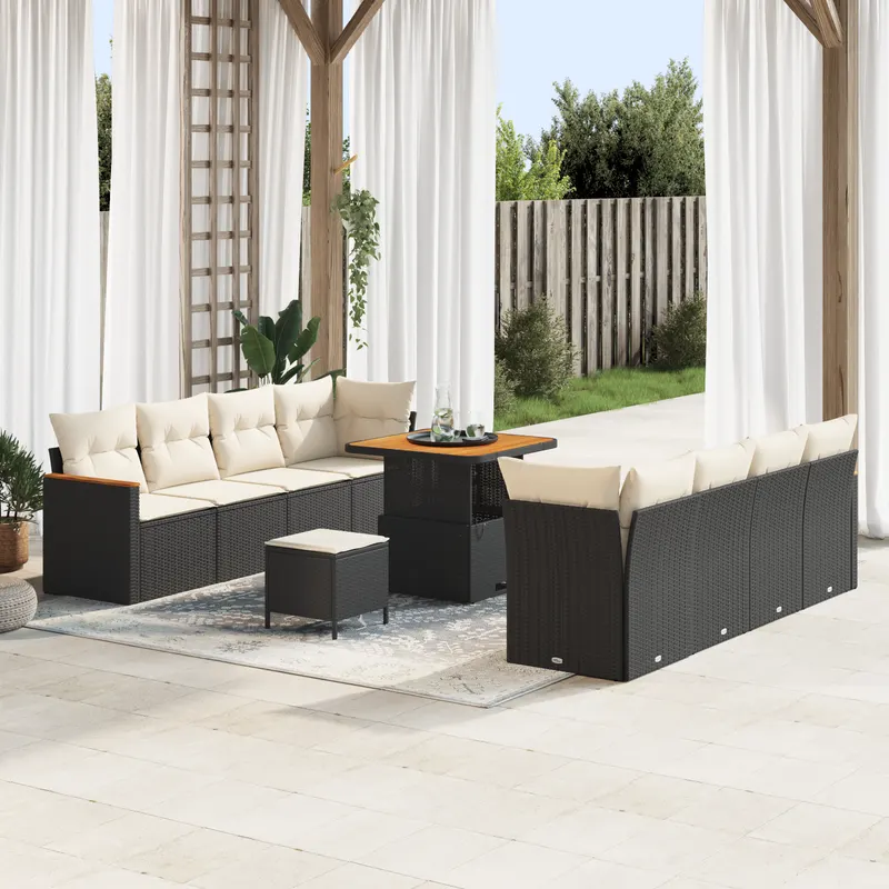Set de canapea de gradina 11 piese cu perne negru poliratan acacia, set de dining de gradina 3 piese cu perne negru poliratan acacia