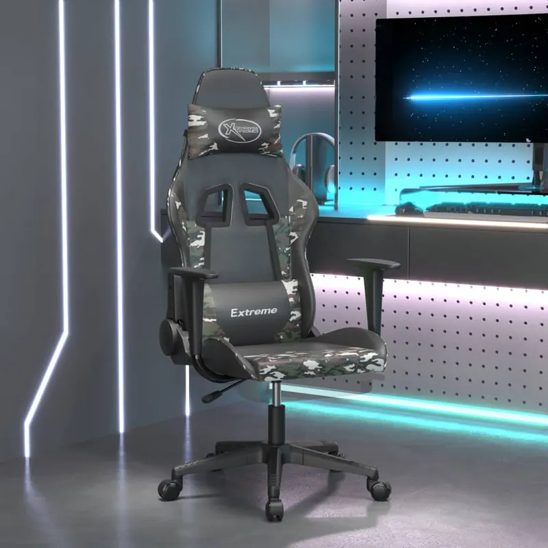 scaun de gaming masaj/suport picioare negru/camuflaj piele eco