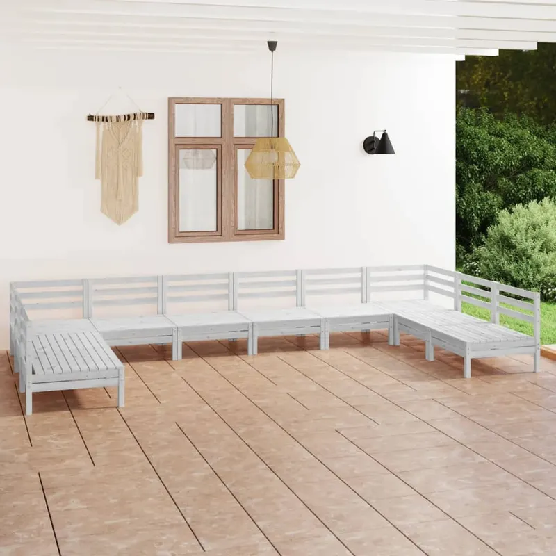 set mobilier relexare gradina, 10 piese, alb, lemn masiv de pin