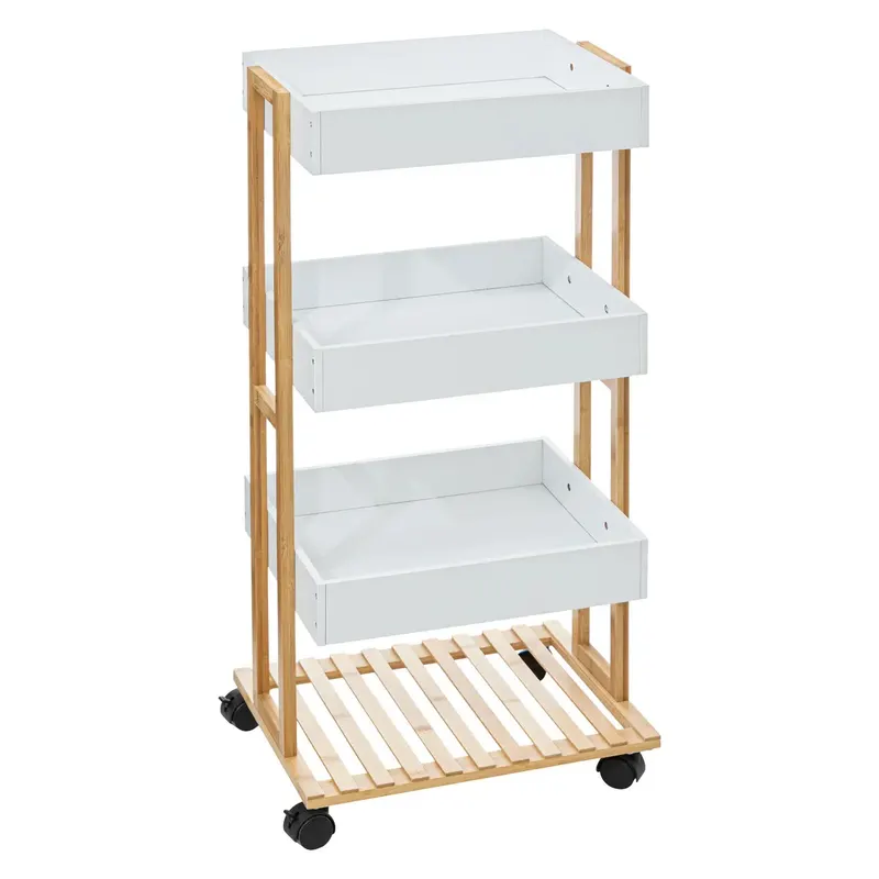 Etajera cu 4 rafturi 5Five Natureo pe roti, MDF si bambus, 40x30x88 cm, alb