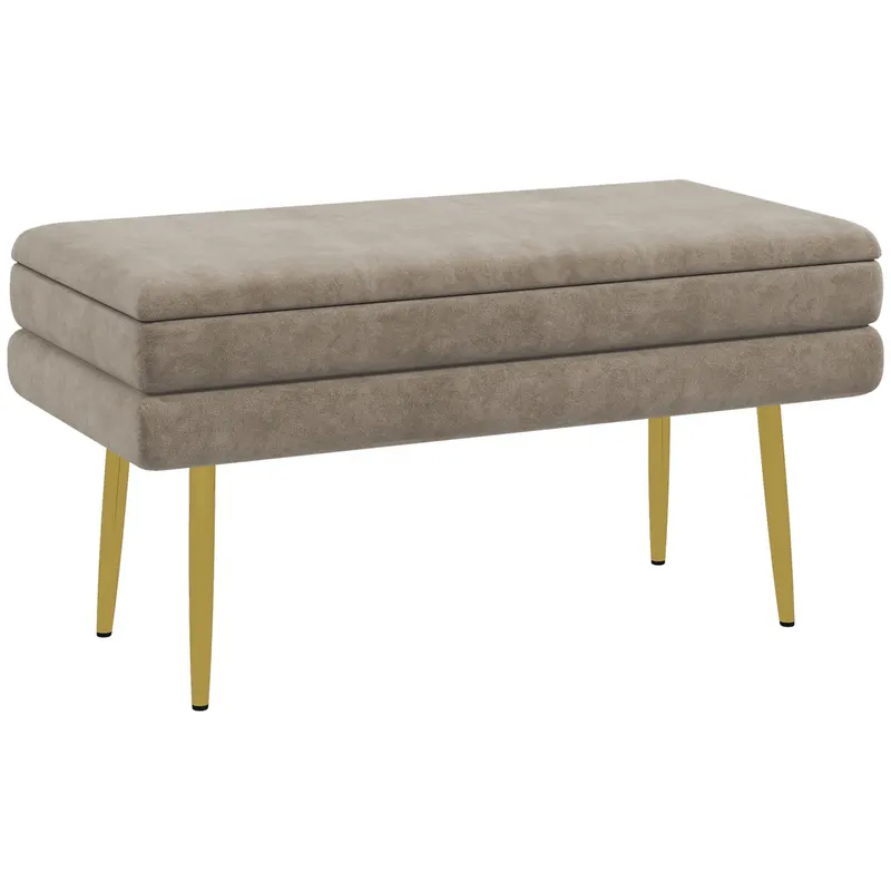 HOMCOM Bancă bancută cu spațiu de depozitare 2 în 1, șezut cu aspect de catifea și picioare din oțel - 79,5L x 37,5P x 43Î cm bej și aurit