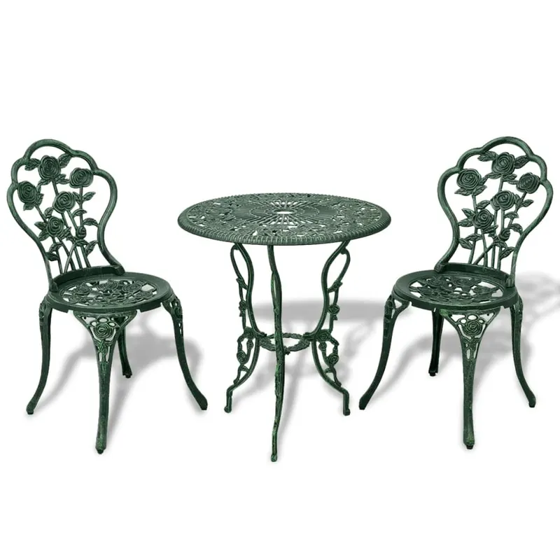 set mobilier de bistro, 3 piese, verde, aluminiu turnat