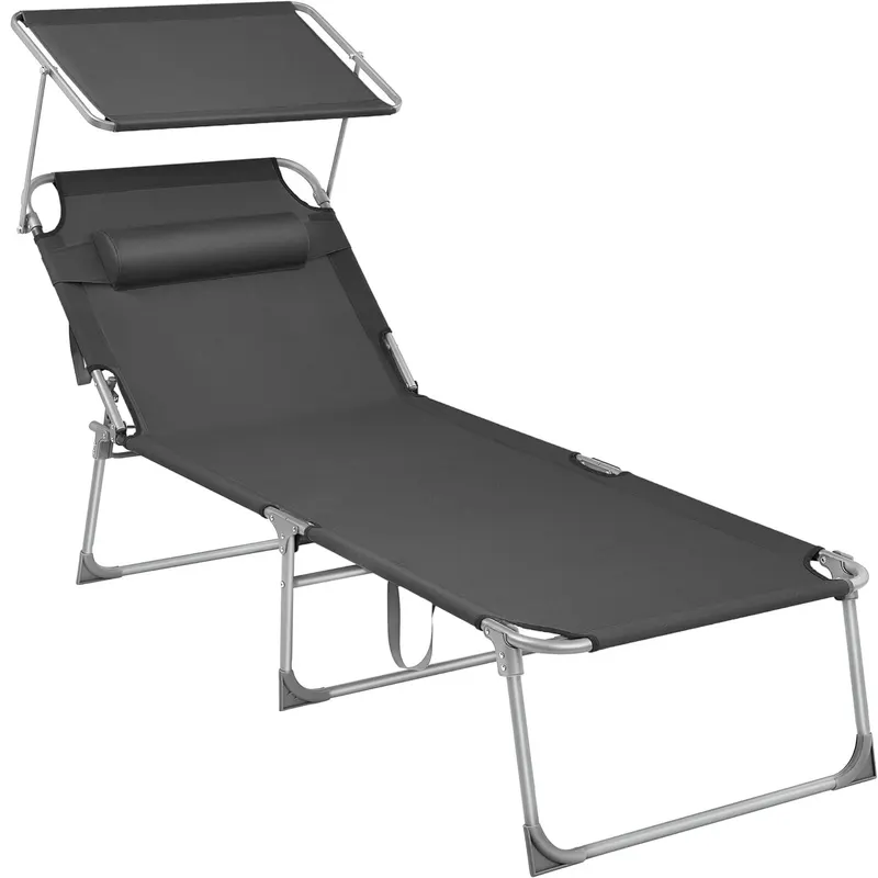 Sezlong pliabil cu parasolar si tetiera, spatar reglabil 4 pozitii, tesatura sintetica respirabila, max 150 kg, 200x71x38 cm, gri