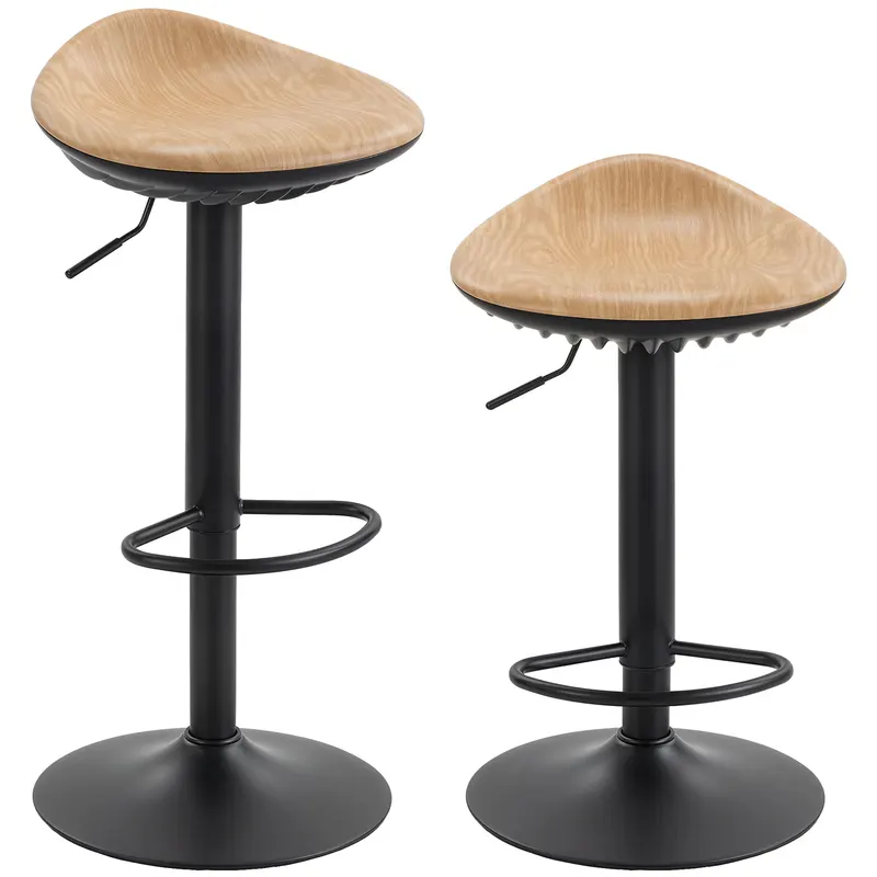 HOMCOM Set de 2 tabureți de bar, scaune de bar reglabile pe înălțime cu suport pentru picioare, pivotante 360°, bază din oțel, stejar