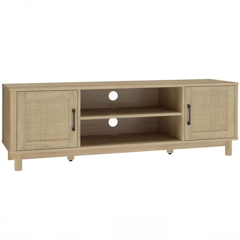 HOMCOM Comodă TV 135 cm, mobilier TV pentru televizor până la 165,1 cm cu 2 uși din ratan, 2 compartimente deschise, stejar
