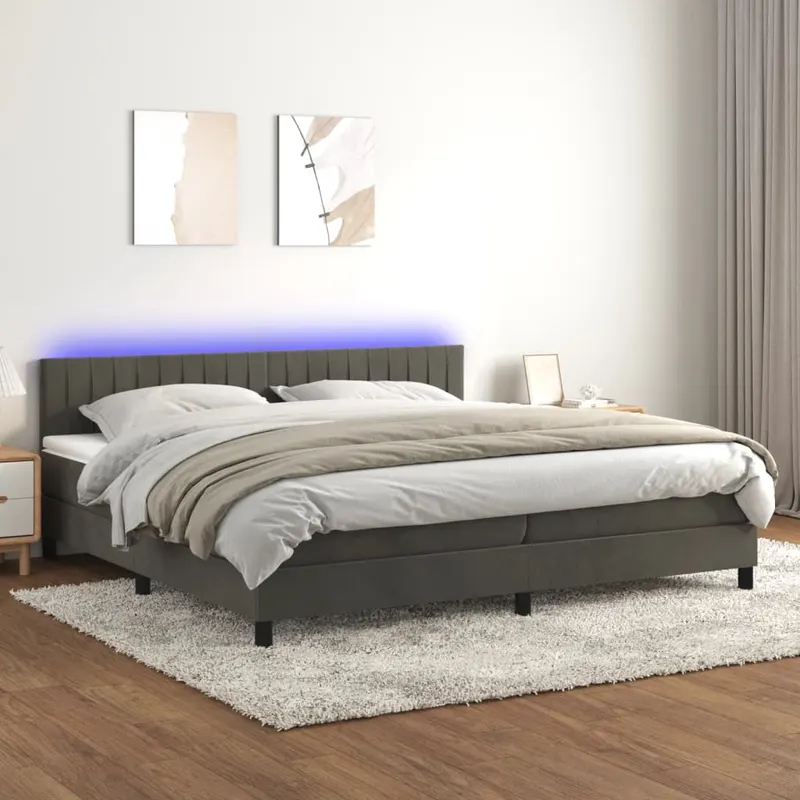 pat cu arcuri, saltea si led, gri inchis, 200x200 cm, catifea