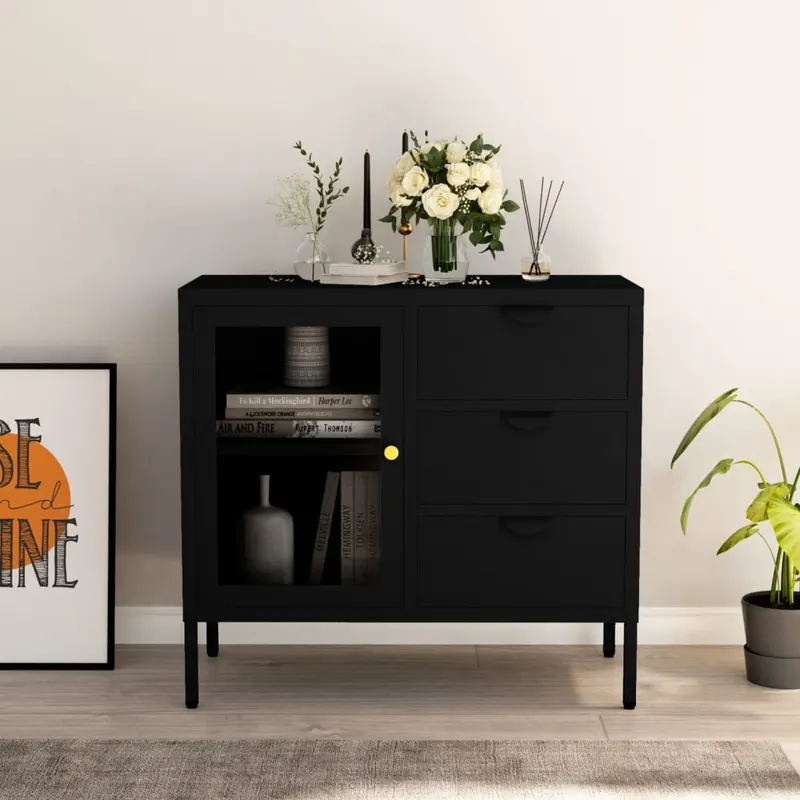 servanta, negru, 75x35x70 cm, otel si sticla securizata
