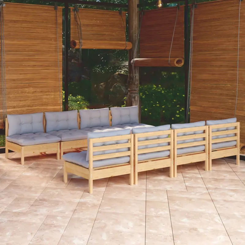set mobilier de gradina cu perne gri, 9 piese, lemn masiv pin