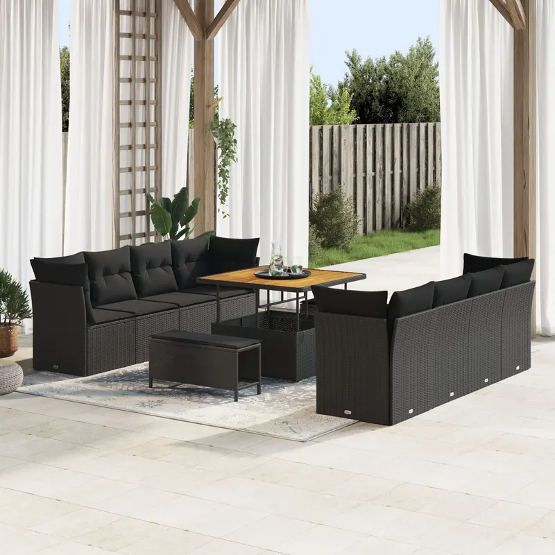 Set de canapea de gradina 11 piese cu pernute, negru, poliratan, acacia, set de dining de gradina 3 piese cu pernute, negru, poliratan, acacia