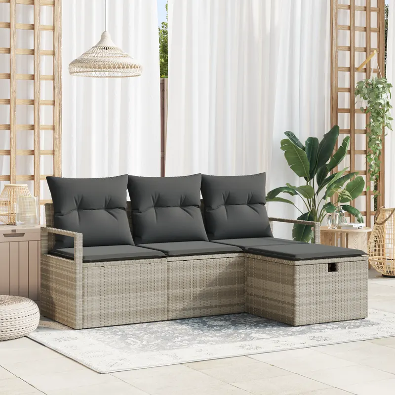 Set de canapele de gradina din 4 piese cu perne gri deschis din ratan, canapea de gradina cu 2 locuri cu perne gri din ratan