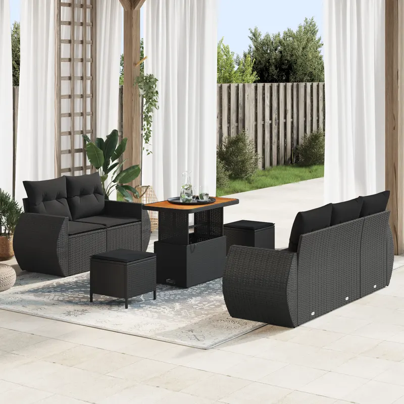 Set de canapea pentru gradina de 8 piese cu perne negru poliratan acacia, set de dining pentru gradina de 3 piese cu perne negru poliratan acacia