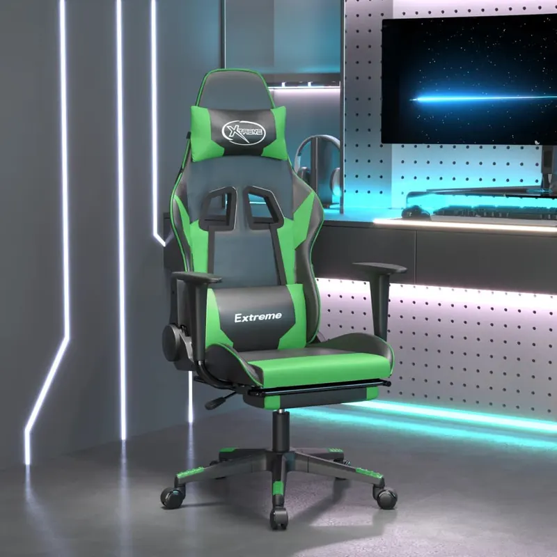 scaun gaming de masaj/suport picioare, negru/verde, piele eco