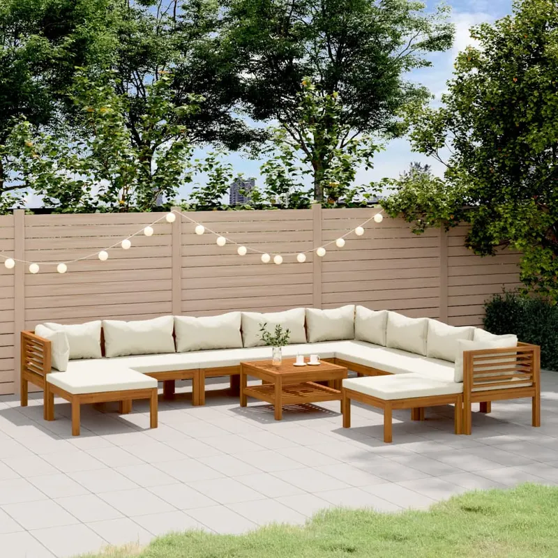 set mobilier gradina cu perne crem 11 piese lemn masiv acacia