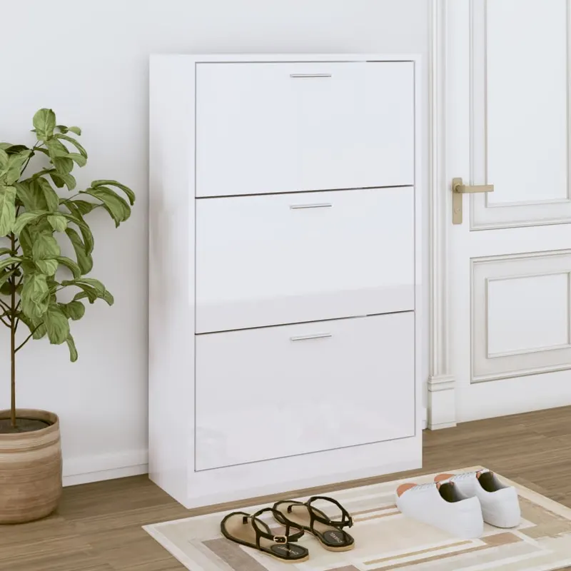 pantofar, alb extralucios, 63x24x103 cm, lemn compozit