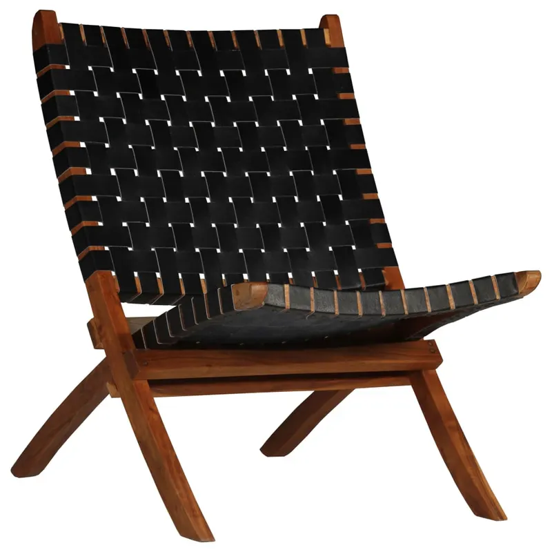 scaun pliant impletit, negru, piele naturala