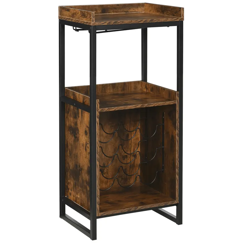 HOMCOM Dulap Vinuri Stil Industrial Suport 9 Sticle Pahare Rafturi 52x40x113cm Maro