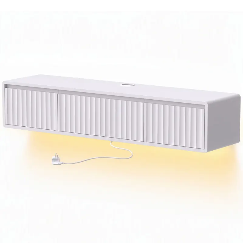 HOMCOM Corp TV Suspendat Flotant 120 cm cu Iluminare LED și Prize, Mobilier TV pentru Televizor 165,1 cm, Alb
