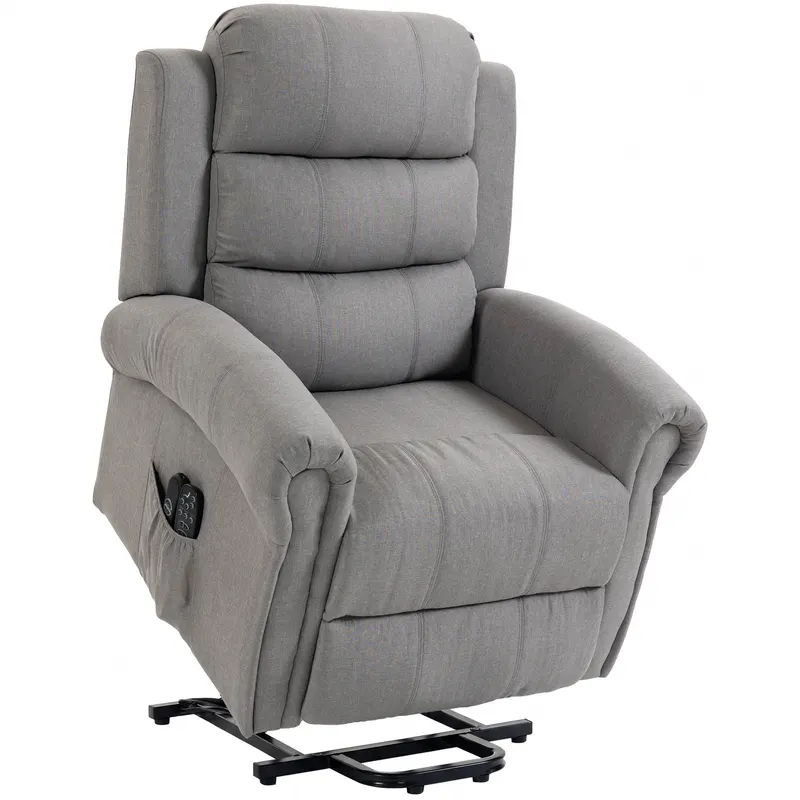 HOMCOM Fotoliu Power-Lift relax cu masaj prin vibrații și funcție de încălzire, fotoliu cu ridicare, port USB, buzunare laterale și telecomandă, Gri deschis