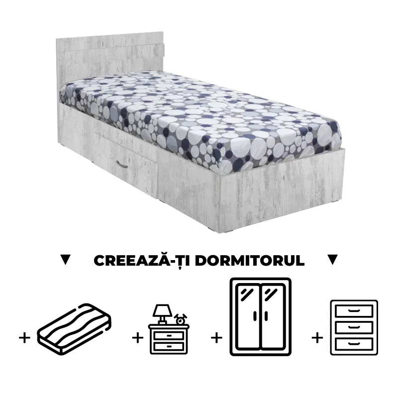 Creeaza-ti Dormitorul ALMA, pin antichizat, de la Pat cu sertar Alma 90x200 cm, adauga Saltea, Noptiere, Comoda, Dulap
