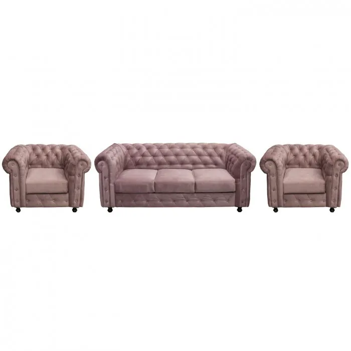 Set CHESTERFIELD 3-1-1, canapea extensibila 3 locuri si 2 fotolii fixe, roz prafuit
