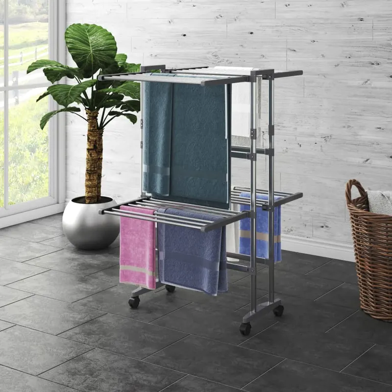 suport uscare rufe, 2 niveluri, cu roti, argintiu, 60x70x106 cm