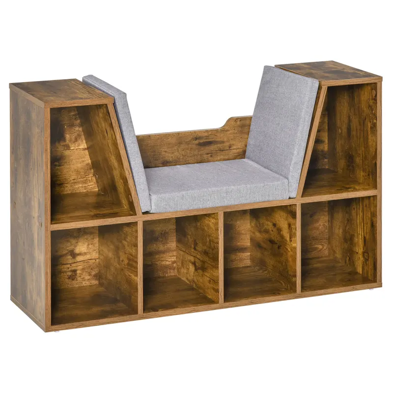 HOMCOM Bibliotecă-bancă 2 în 1 cu perne de șezut, etajeră cub cu 6 compartimente deschise, 102 x 30 x 61 cm, maro rustic