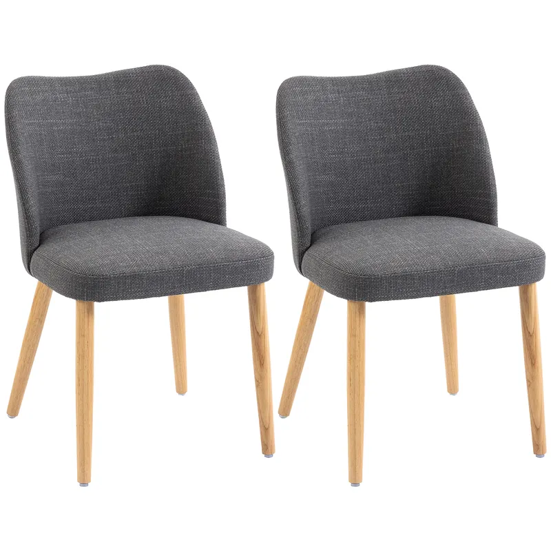 HOMCOM Set 2 Scaune Moderne cu Tapițerie din In, Șezut Confortabil, Spătar Curbat, Picioare din Lemn, Asamblare Ușoară pentru Bucătărie, Cameră, Living.