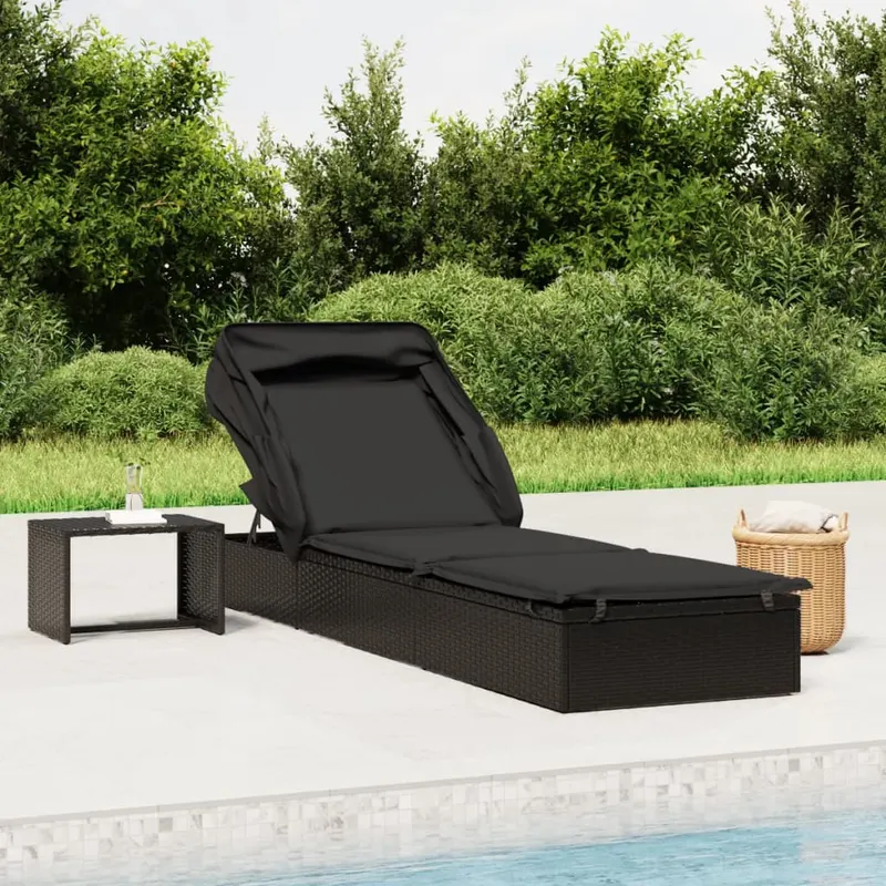 sezlong cu acoperis pliabil, negru, 213x63x97 cm, poliratan