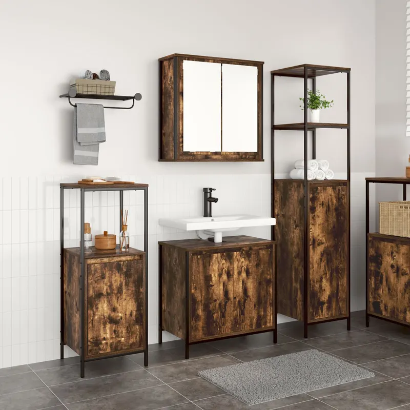 set de mobilier pentru baie 3 piese din stejar fumuriu - lemn prelucrat