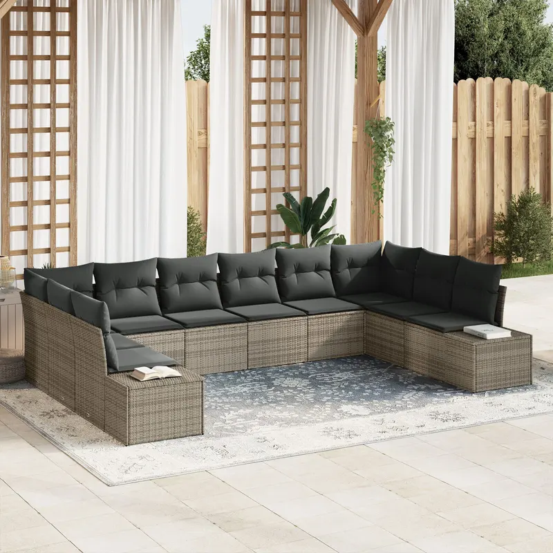 set de canapele de gradina cu 10 piese cu perne gri din ratan