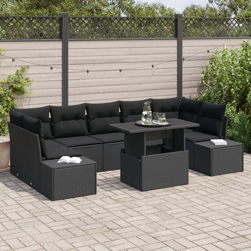 set de canapea de gradina cu perne, negru, ratan poli