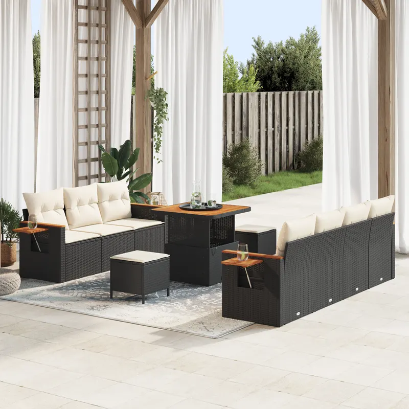 Set canapea gradina cu 10 piese perne negre rattan pe acacia, set dining gradina cu 3 piese perne negre rattan pe acacia
