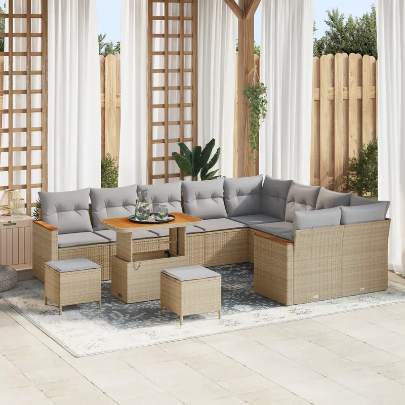Set de canapea pentru gradina 12 piese cu perne bej poliratan acacia, set de dining pentru gradina 3 piese cu perne bej poliratan acacia