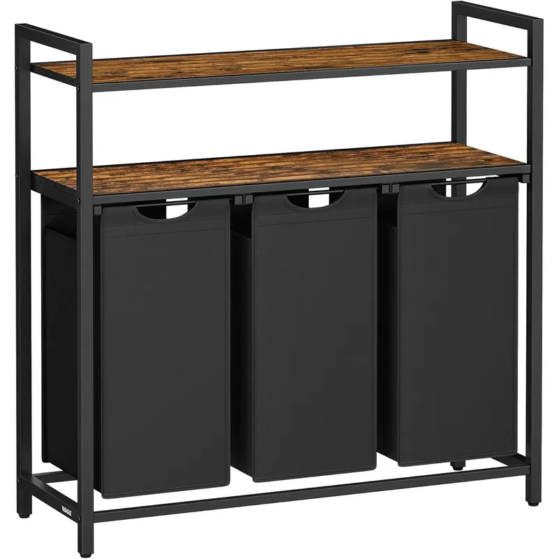 Cos rufe 3 saci detasabili 2 rafturi metalic industrial, 92x33x92 cm, organizare eficienta, maro rustic