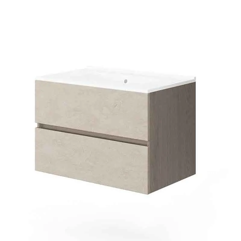 Mobilier lavoar suspendat Fluminia Genova 80, front rugos almond, laterale noce americano