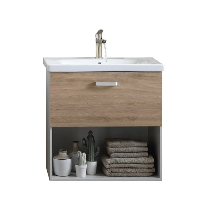 Set mobilier suspendat si lavoar Kolpasan Evelin, 65 cm, sertar Soft Close, lavoar ceramica, stejar gri