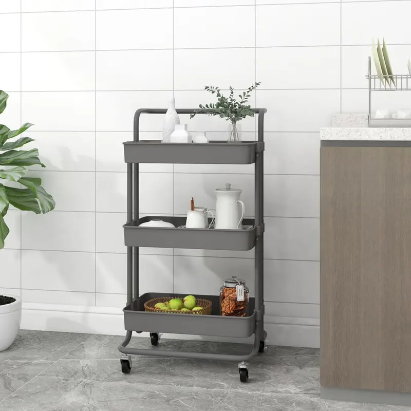 carucior de bucatarie 3 niveluri gri 42x35x85 cm fier si abs