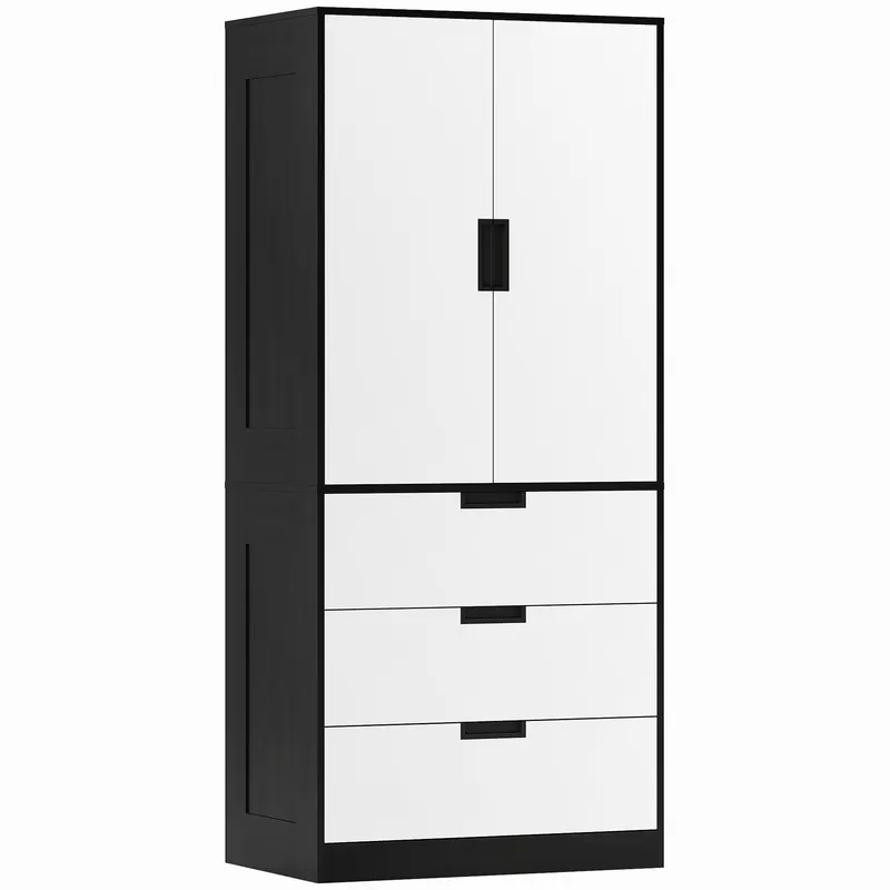 HOMCOM Dulap pentru Dormitor cu 2 Uși cu Închidere Amortizată, 3 Sertare, PAL, 80x50x180 cm, Alb și Negru
