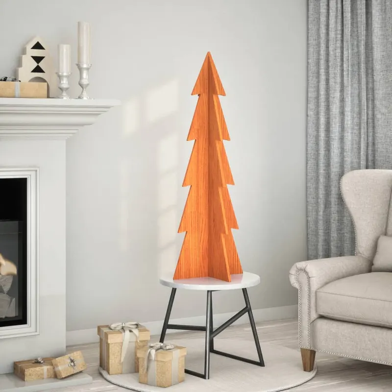 brad de craciun decorativ, maro ceruit, 112 cm, lemn pin masiv