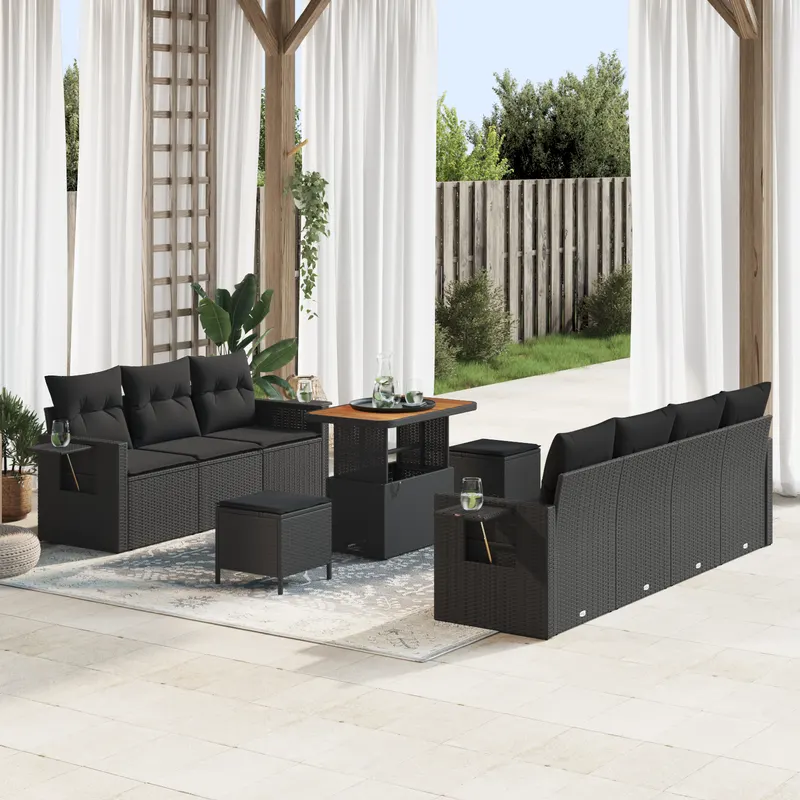 Set 10 piese sofa gradina cu pernute negru ratan poli acacia, set 3 piese dining gradina cu pernute negru ratan poli acacia