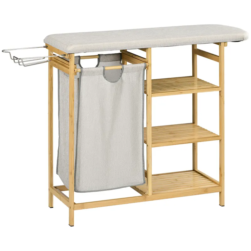 HOMCOM Coș de Rufe din Bambus cu Masă de Călcat și Suport de Călcat, Coș de Rufe cu Raft cu 3 Niveluri, 113x34x82 cm, Gri