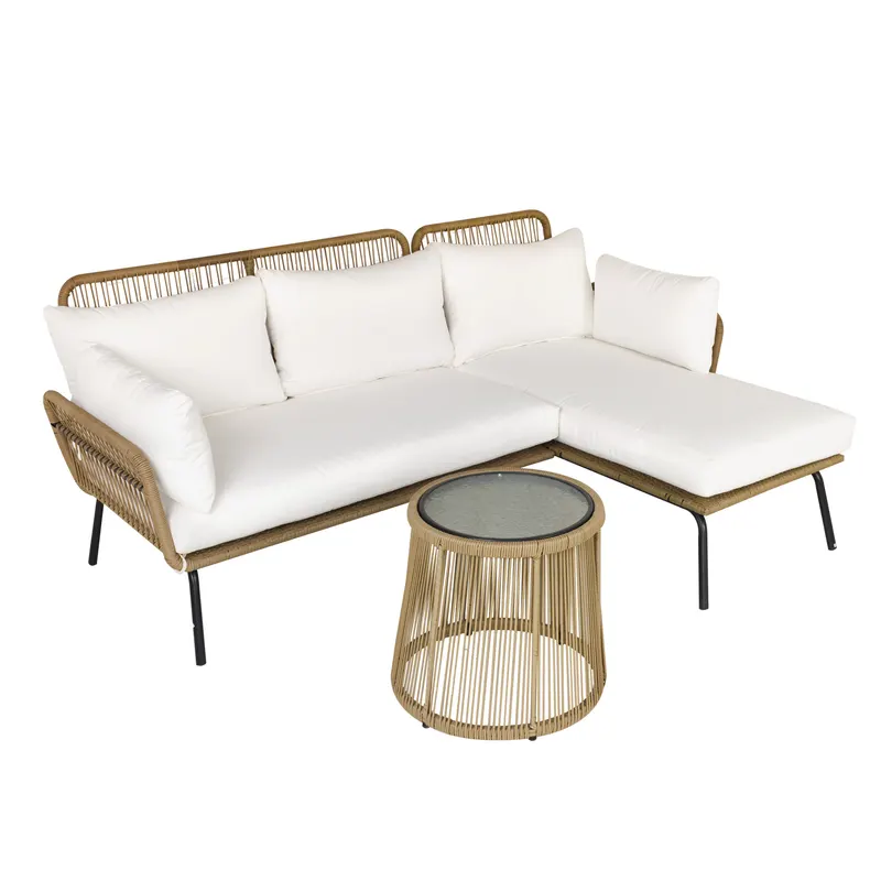 Set 3 Piese Mobilier de Gradina Outsunny din Ratan, Canapea, Sezlong si Masuta, Bej, Cafeniu