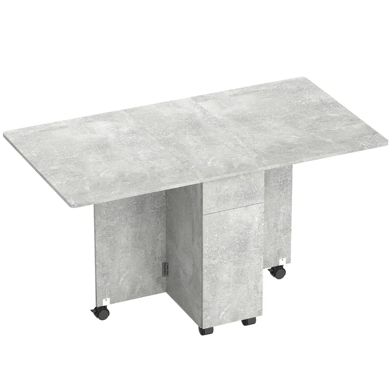 HOMCOM Masă de Luat Masa Pliabilă, Masă de Bucătărie cu Blaturi Rabatabile și Roți cu Frâne pentru 6 Persoane, Birou Compact cu 2 Sertare, 2 Uși și Dulap, pentru Living, 140x76x74î cm, Gri Ciment